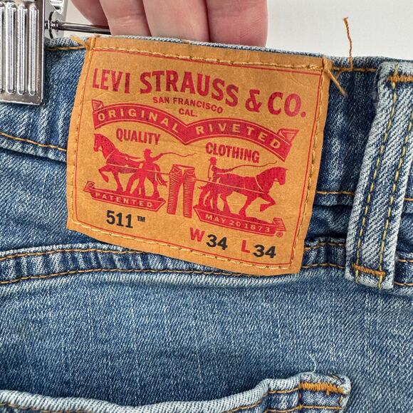 Levi's 511 Jeans Mens 34x34 (33x33 ACTUAL) Slim Fit Blue Denim Faded Wash - Picture 4 of 9